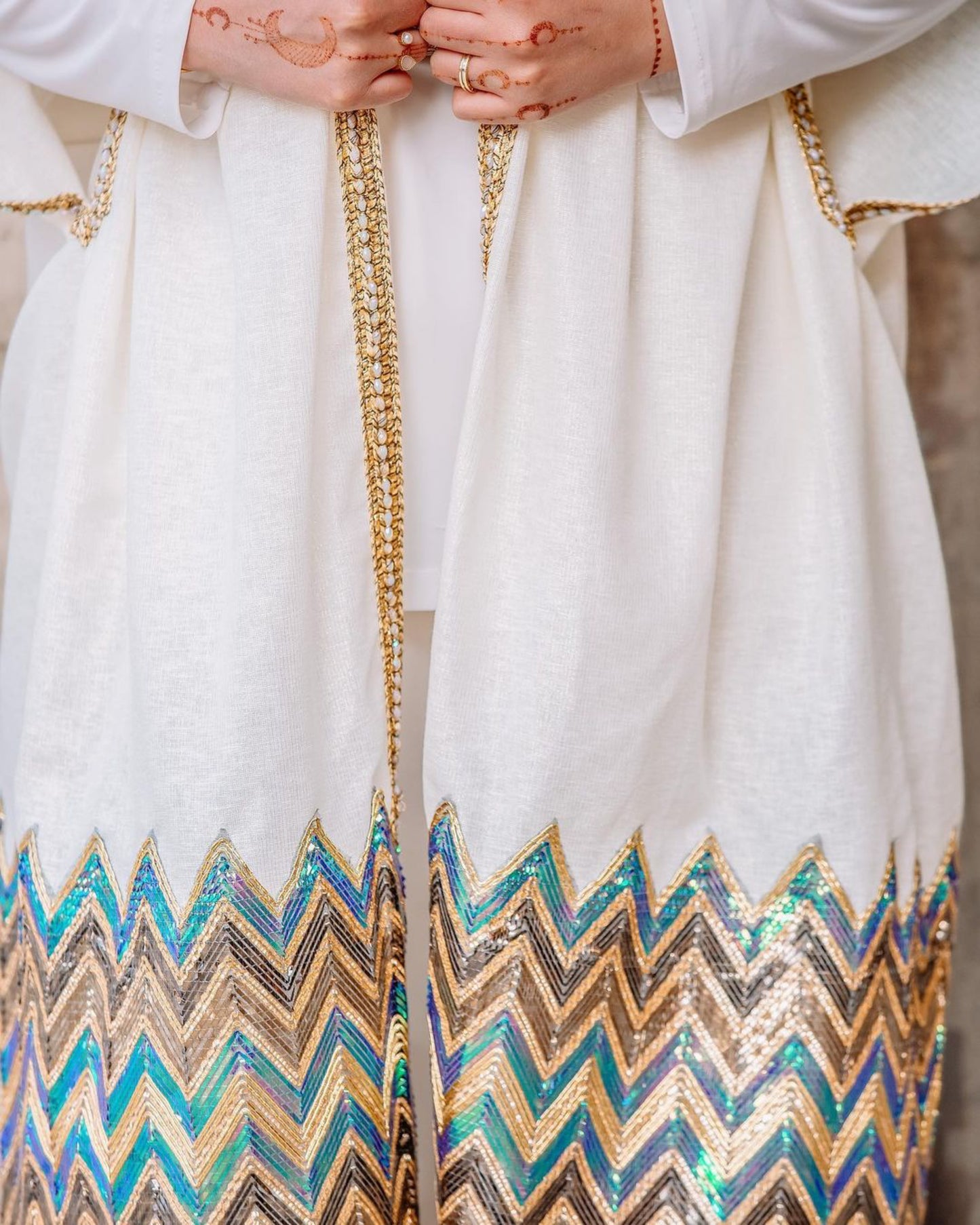 White Sequin Bisht with Embellished Hem