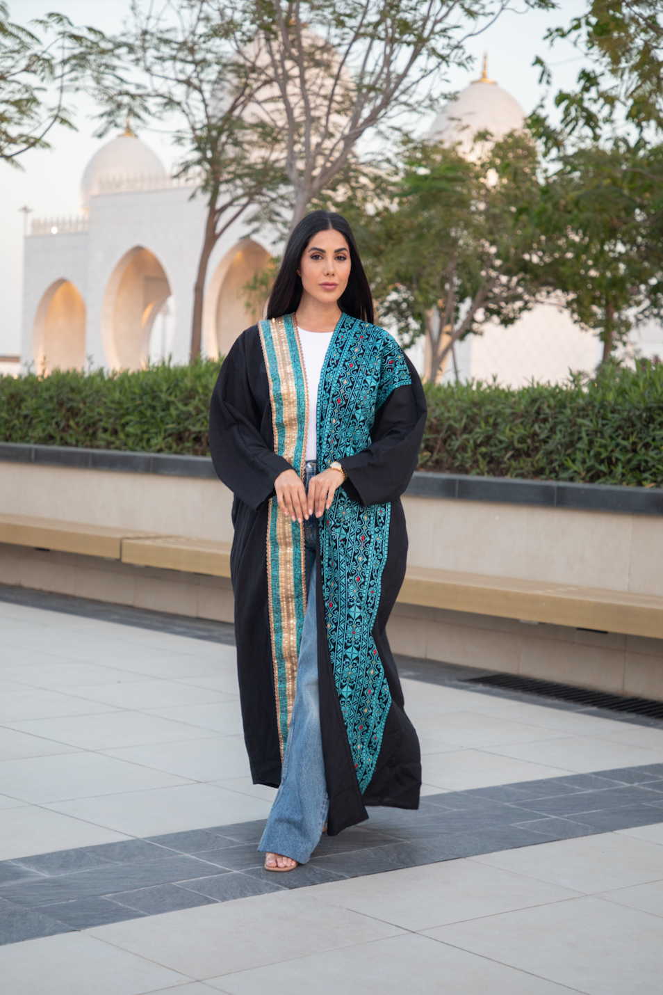 Blue & Black Abaya with Modern Palestinian Tatreez