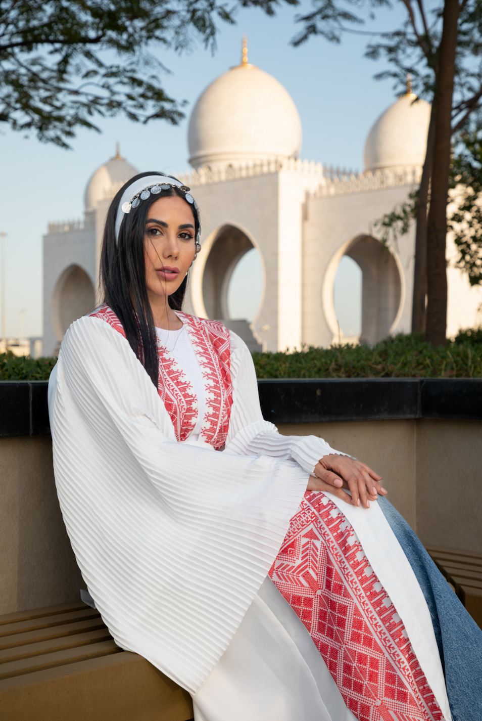 White Abaya with Red Palestinian Tatreez