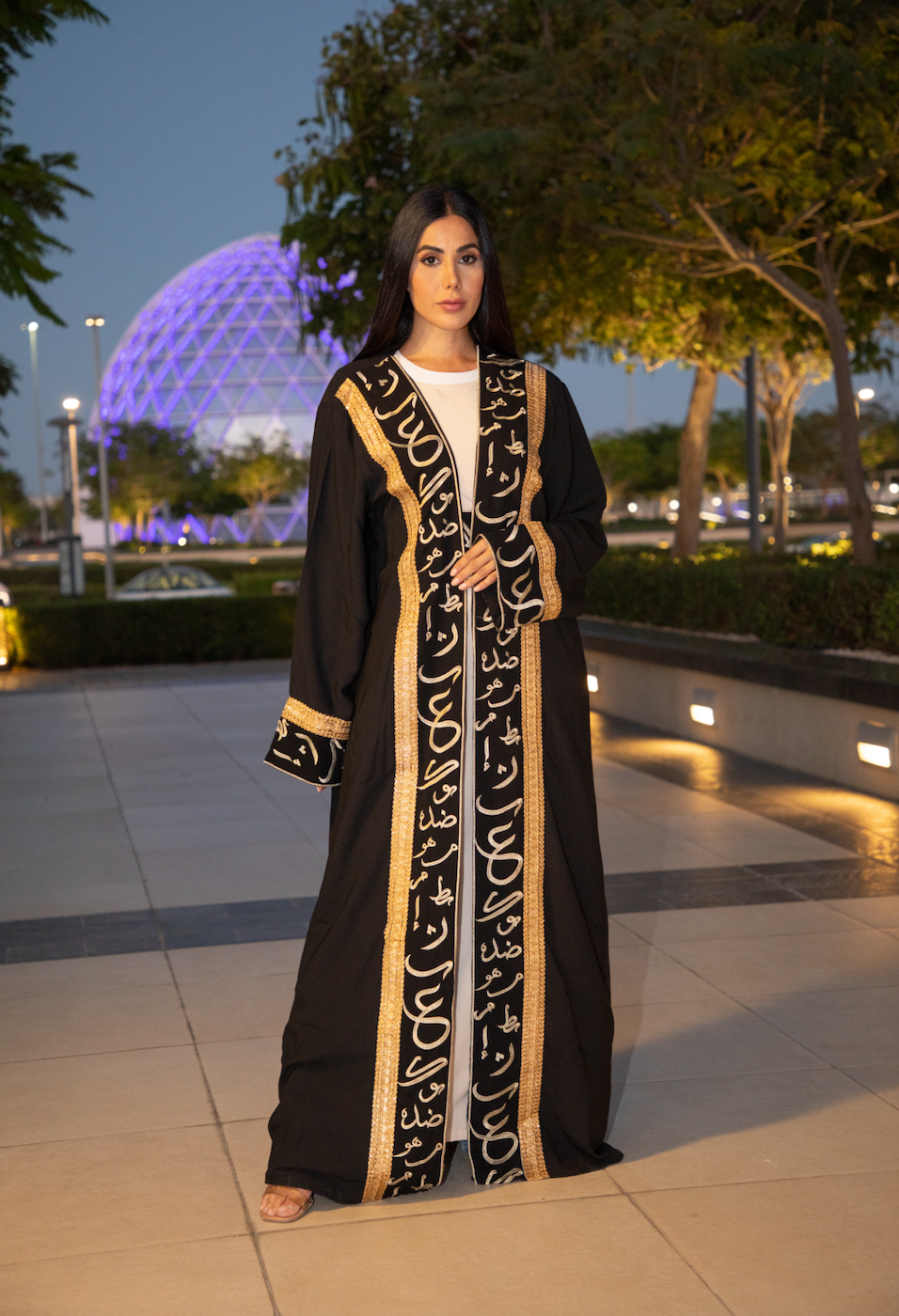 Black open Abaya with Arabic Tatreez Details