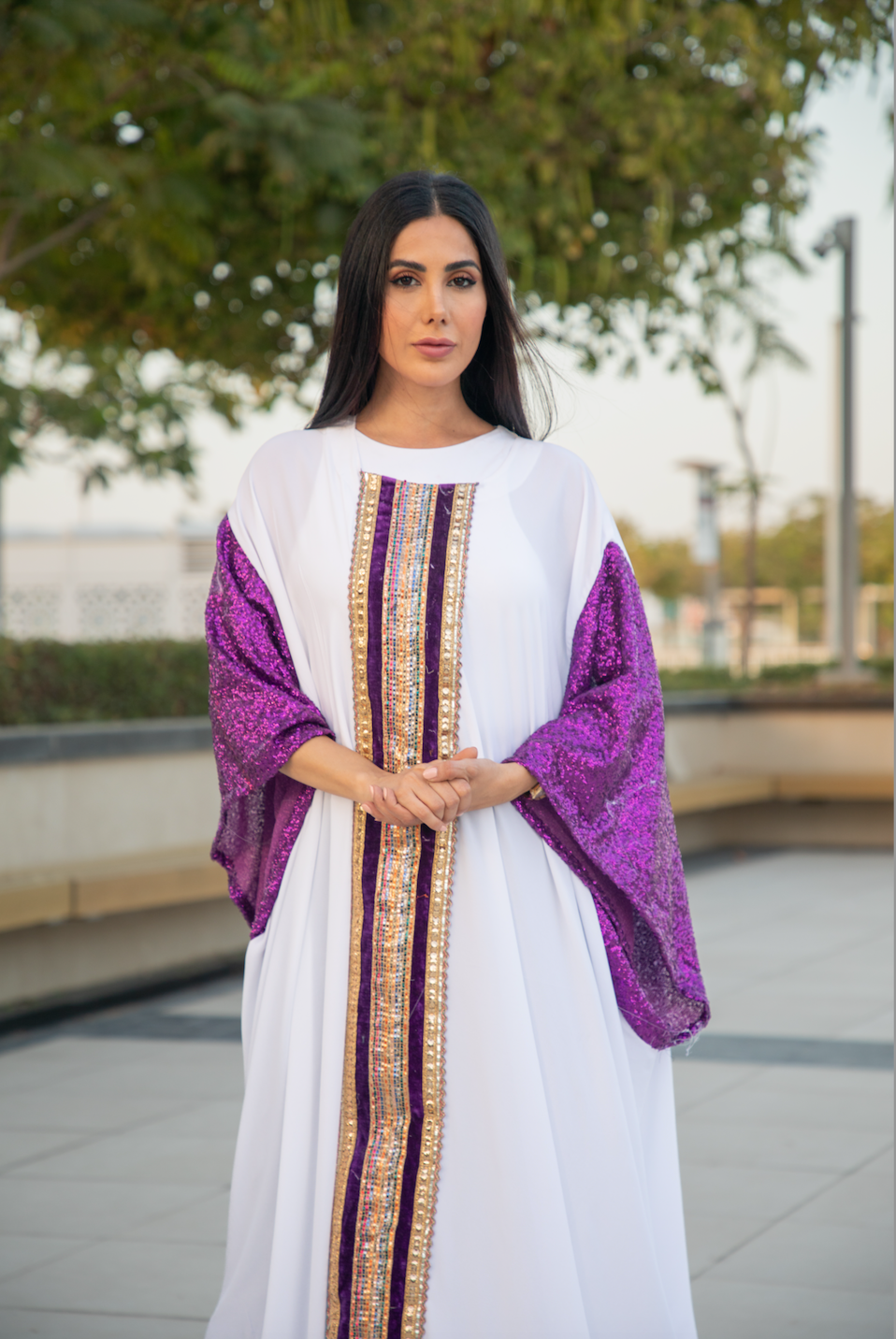 White Closed Kaftan with Purple Glittery Sleeves