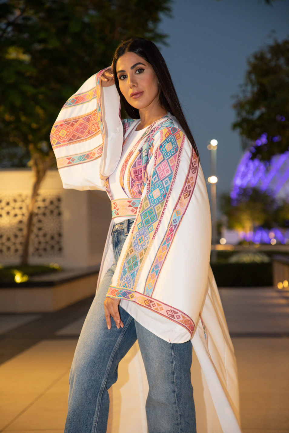 White Elegant Signature Abaya with Palestinian Colorful Tatreez