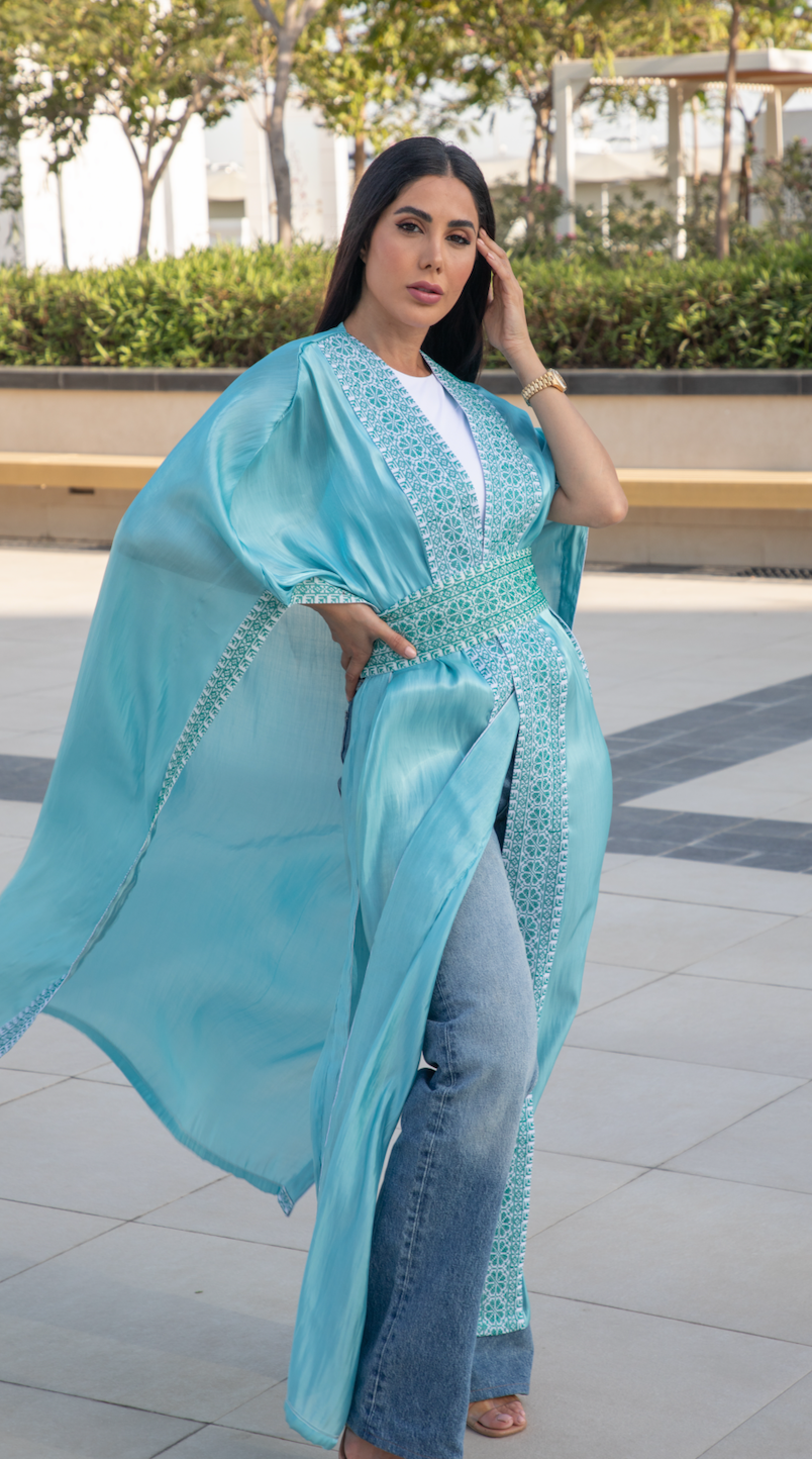 Turquoise Cape with Palestinian Tatreez