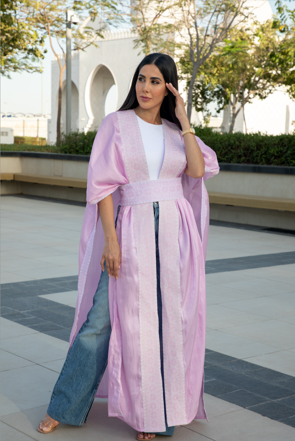 Light Pink Cape with Palestinian Tatreez & Arabic Letters Belt