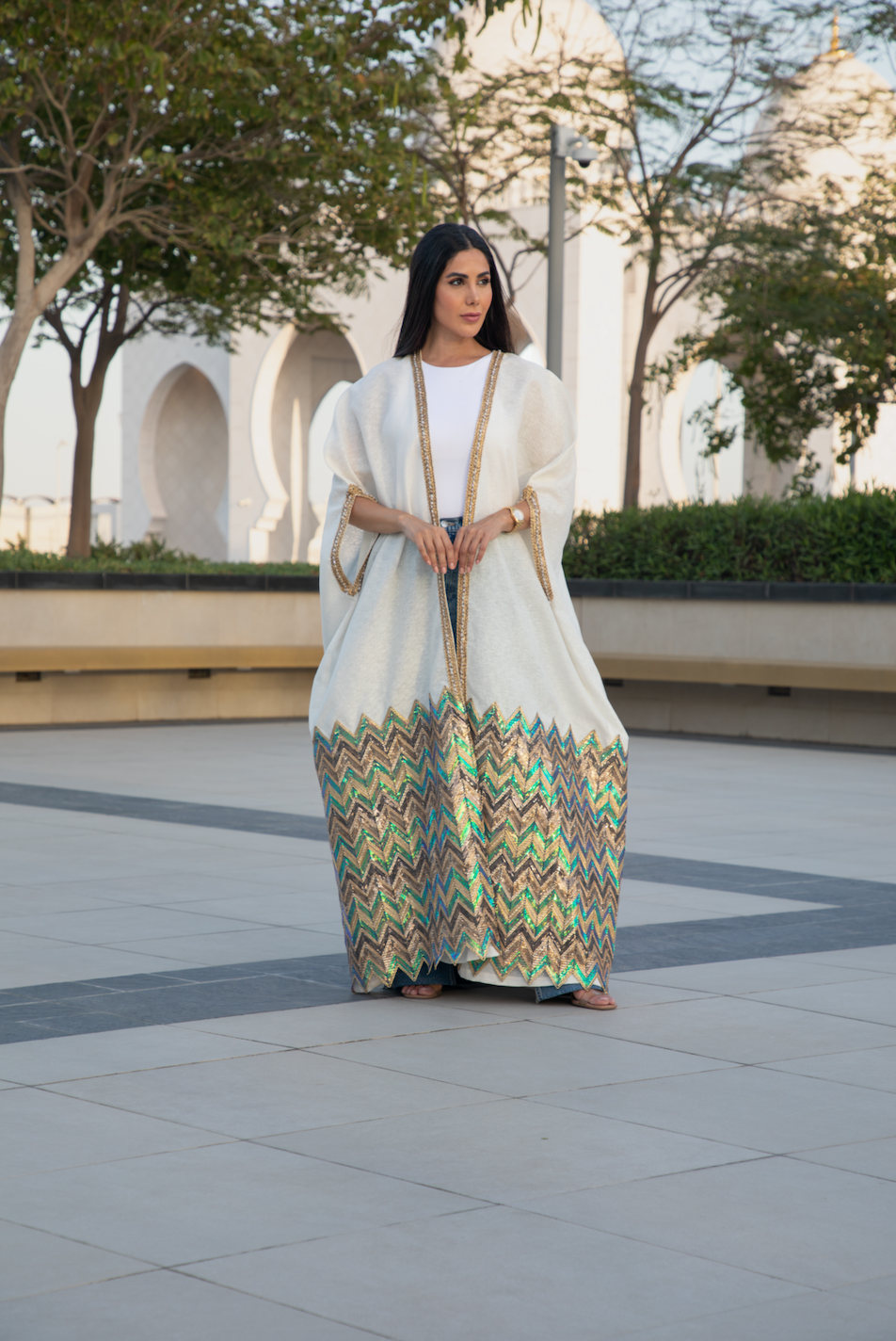 White Sequin Bisht with Embellished Hem