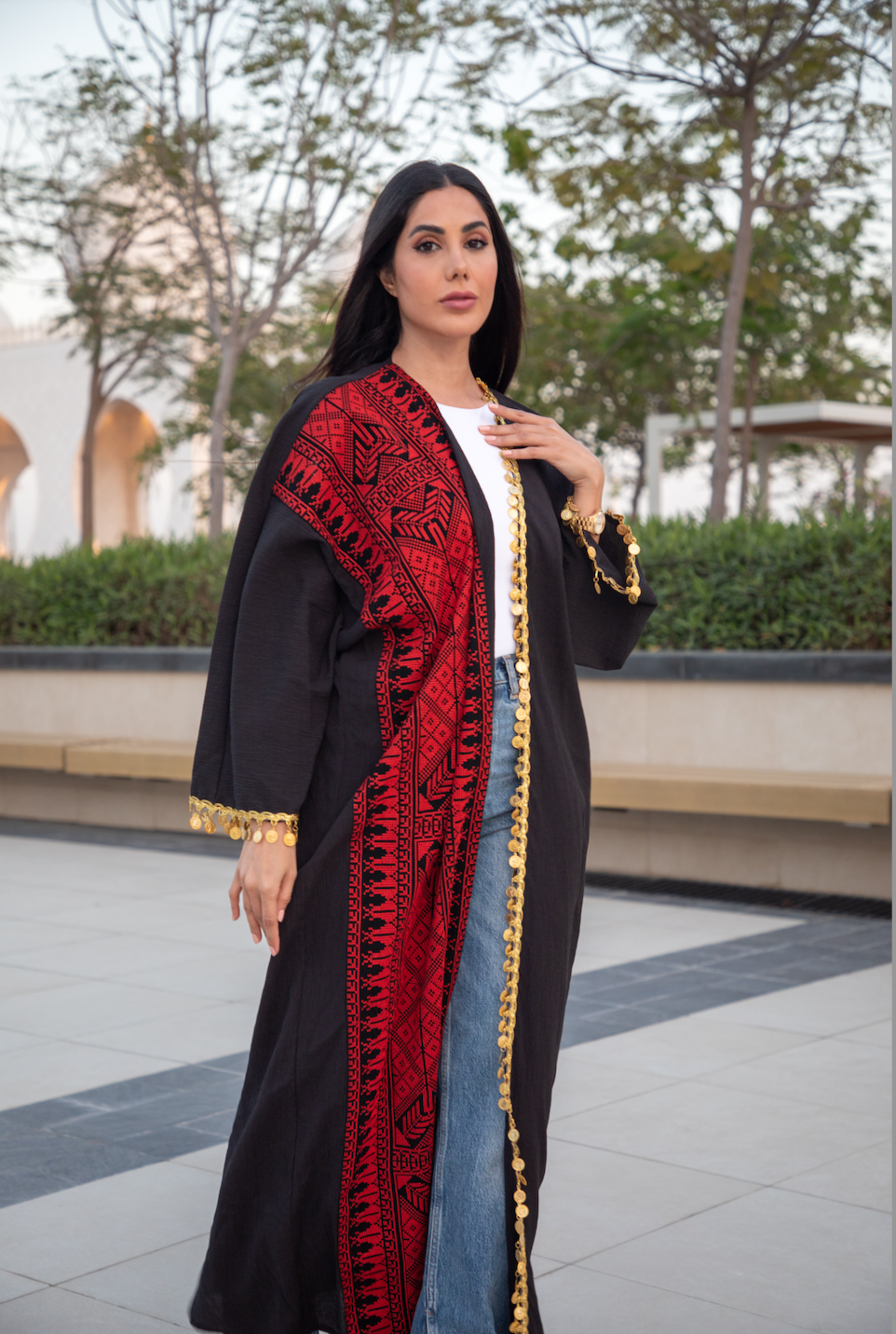 Adult Red & Black Abaya with Tatreez & Gold coins (Lerat)