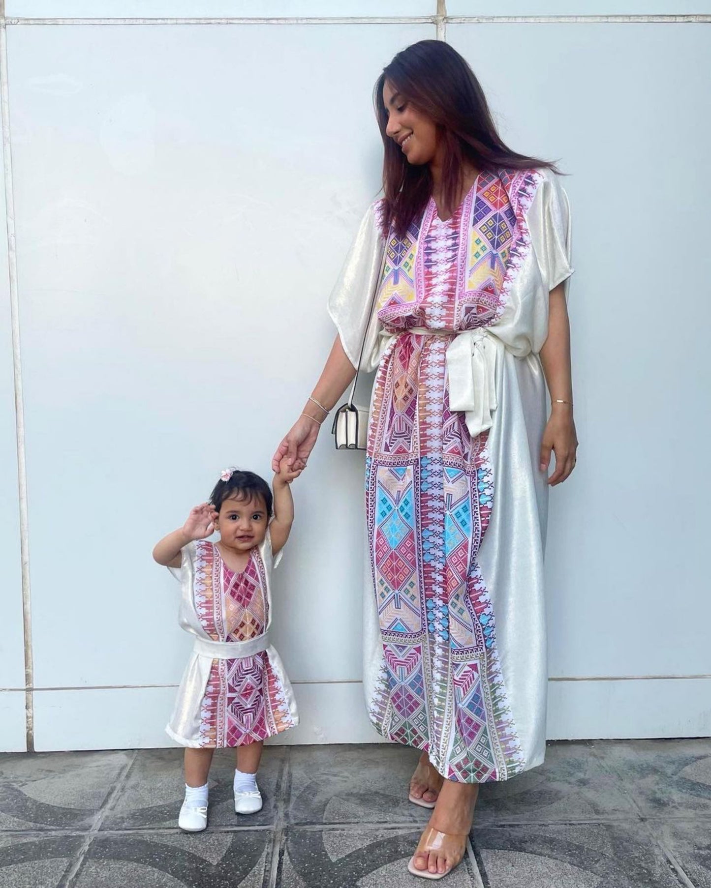 Kids Shimmery Off White Kaftan with Tatreez