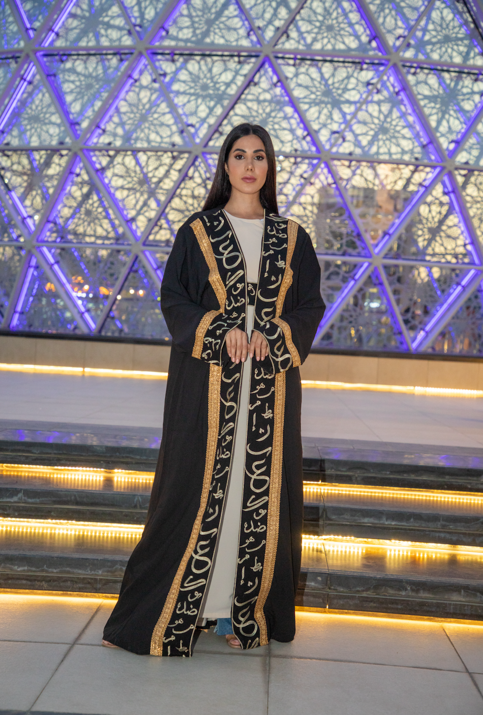 Black open Abaya with Arabic Tatreez Details