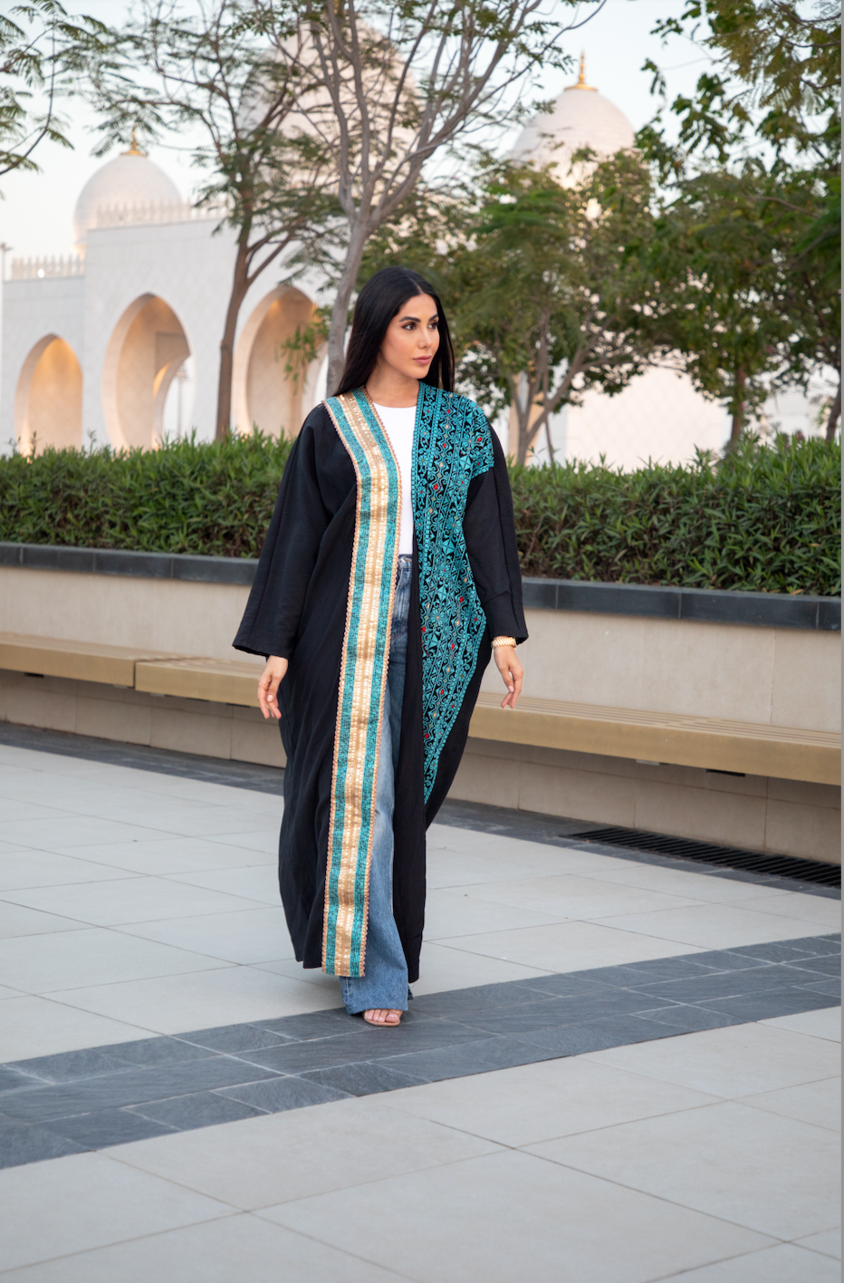 Blue & Black Abaya with Modern Palestinian Tatreez