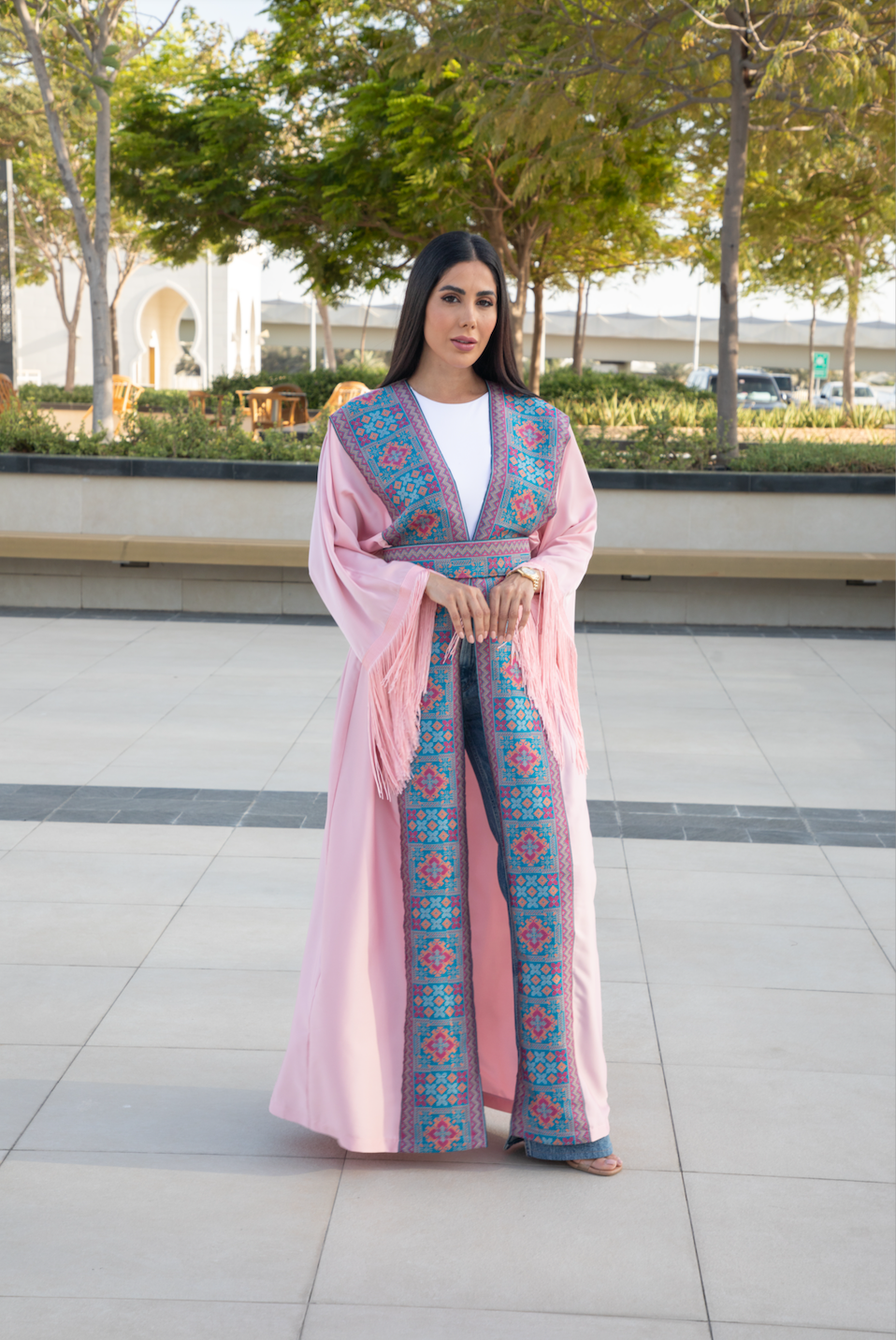 Fringe-Detailed Pink Tatreez Bisht