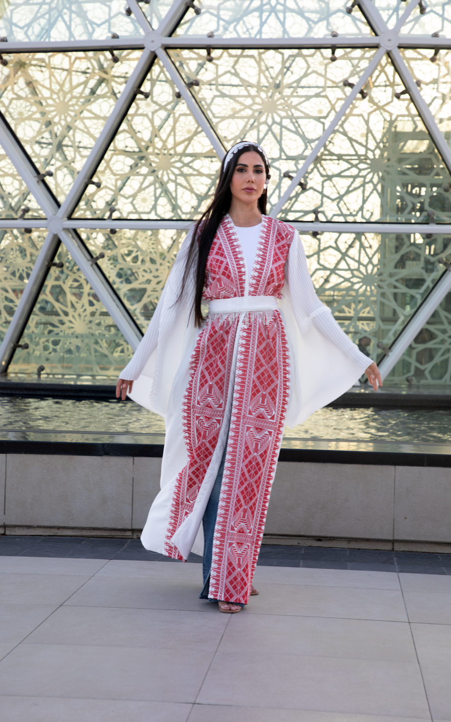 White Abaya with Red Palestinian Tatreez