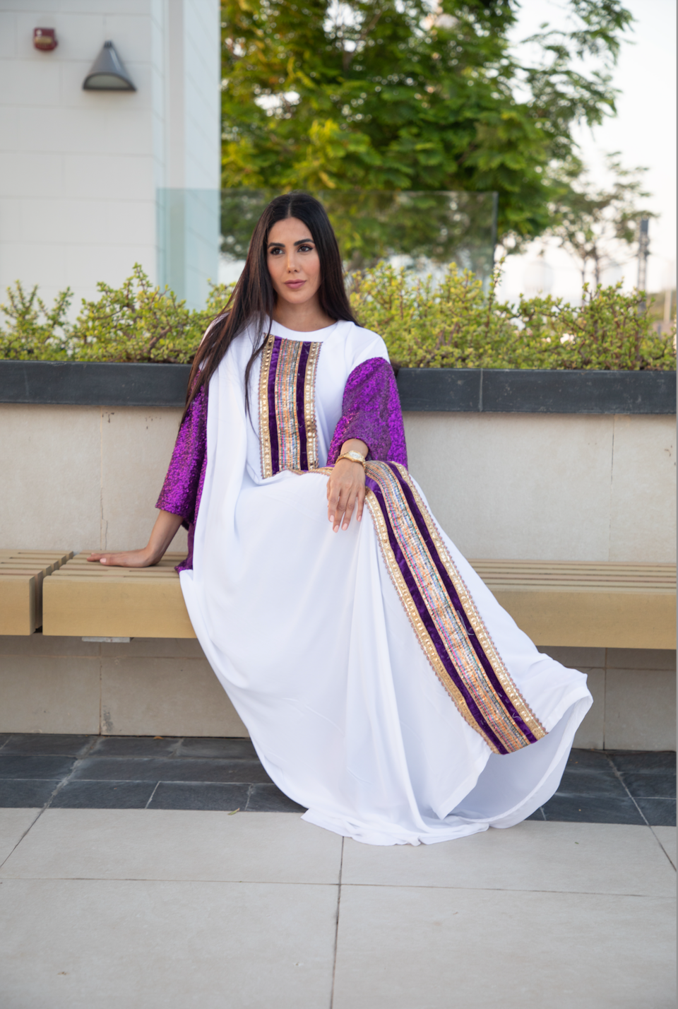 White Closed Kaftan with Purple Glittery Sleeves