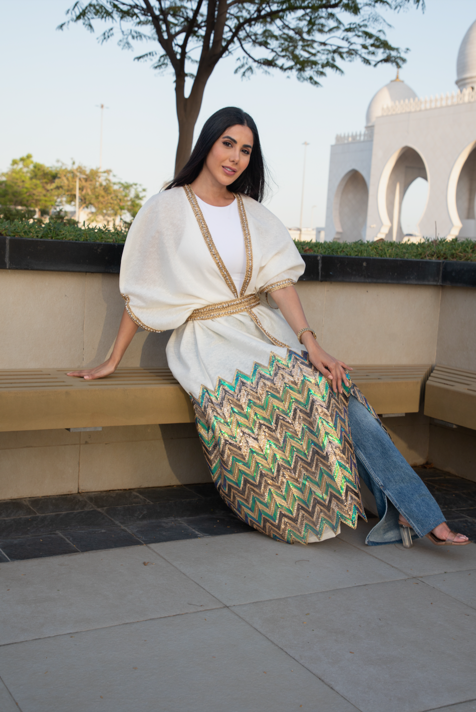 White Sequin Bisht with Embellished Hem