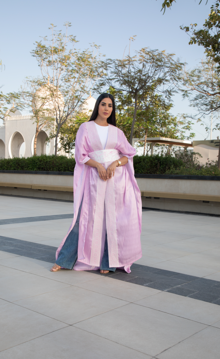 Light Pink Cape with Palestinian Tatreez & Arabic Letters Belt