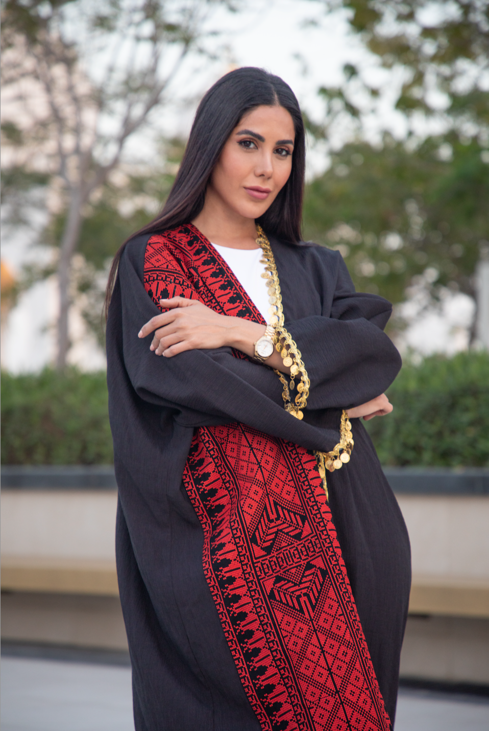 Adult Red & Black Abaya with Tatreez & Gold coins (Lerat)