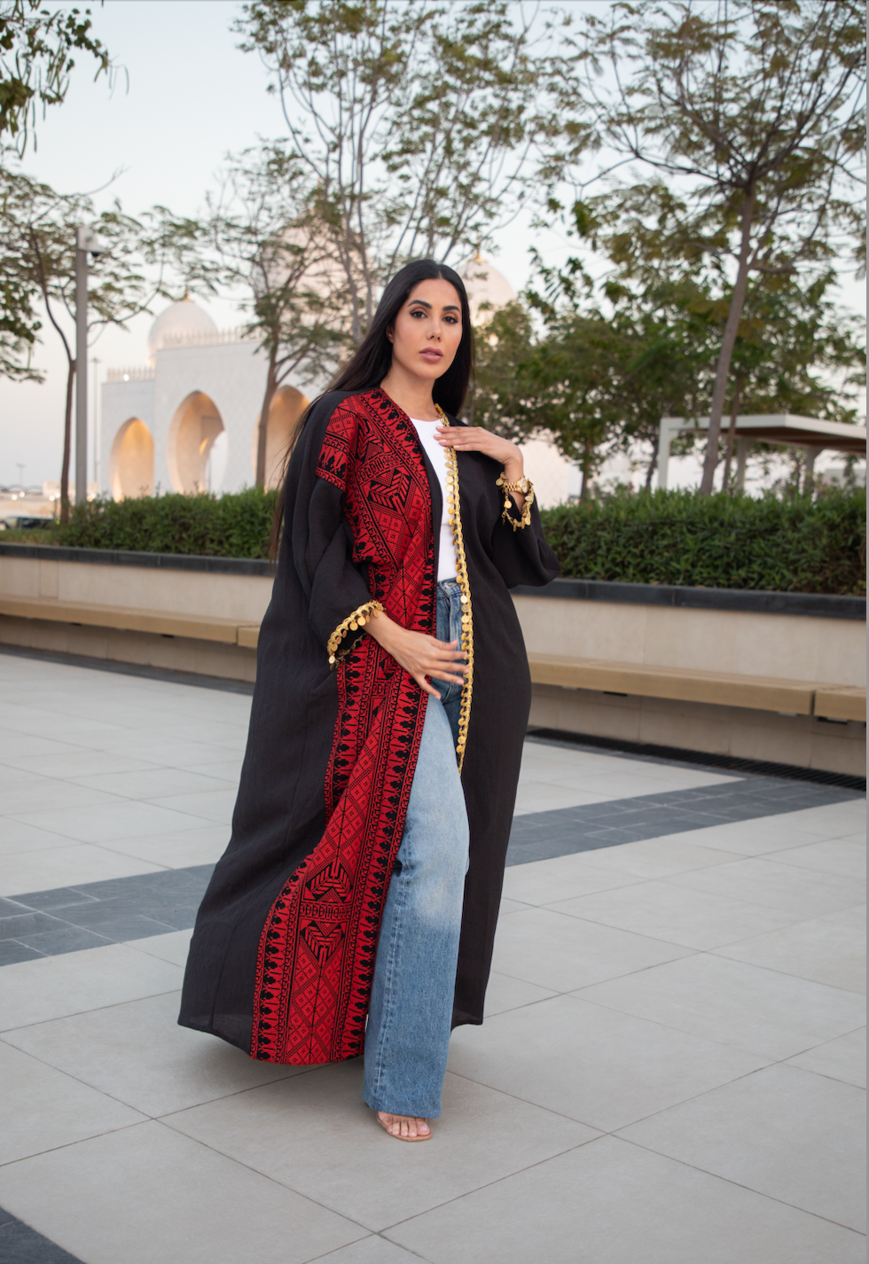 Adult Red & Black Abaya with Tatreez & Gold coins (Lerat)