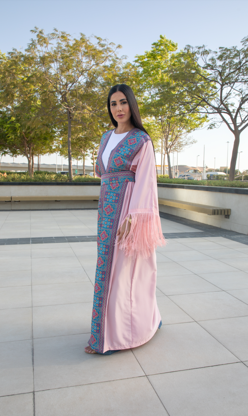 Fringe-Detailed Pink Tatreez Bisht