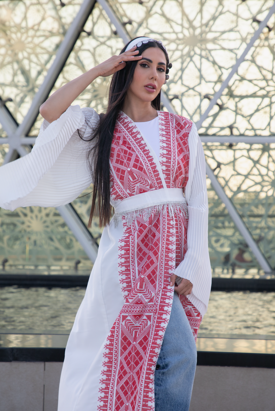 White Abaya with Red Palestinian Tatreez