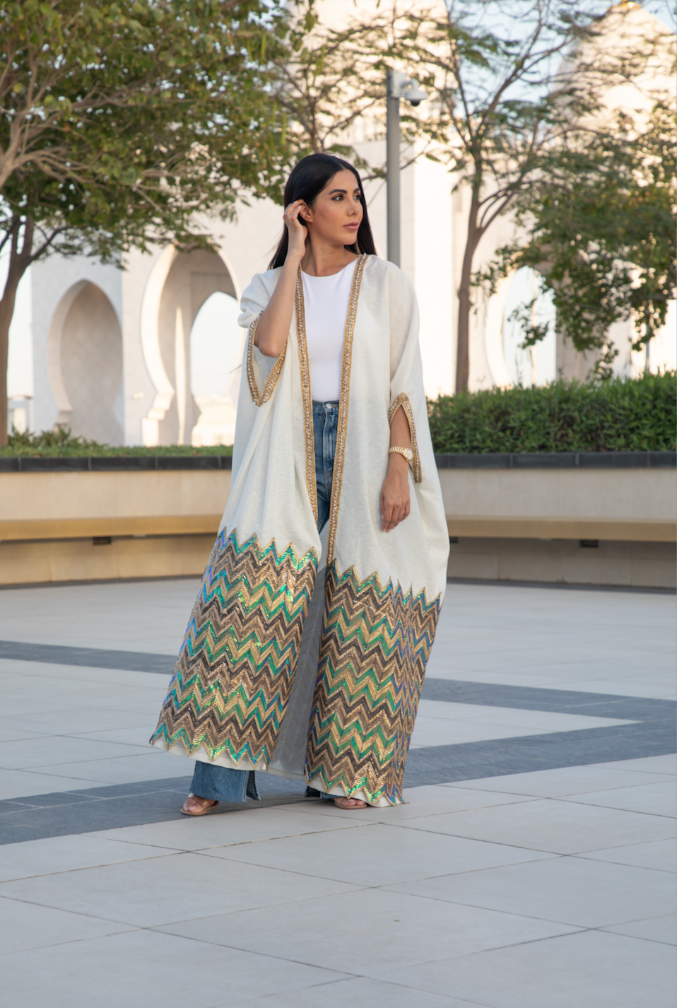 White Sequin Bisht with Embellished Hem