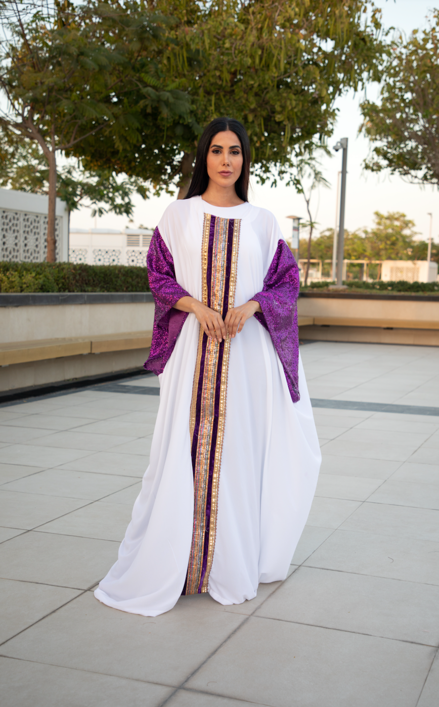 White Closed Kaftan with Purple Glittery Sleeves