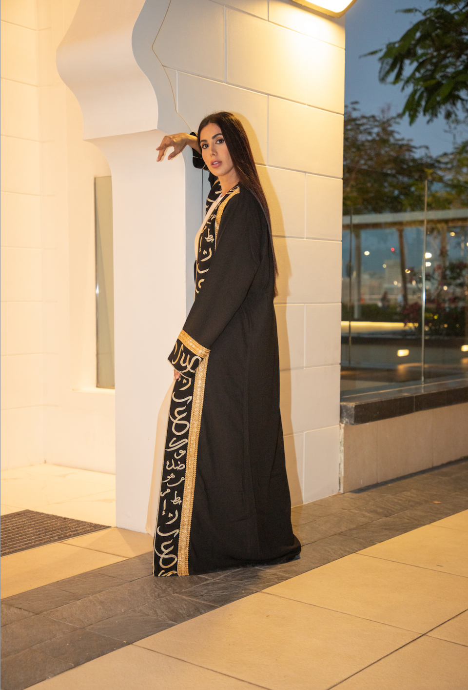 Black open Abaya with Arabic Tatreez Details