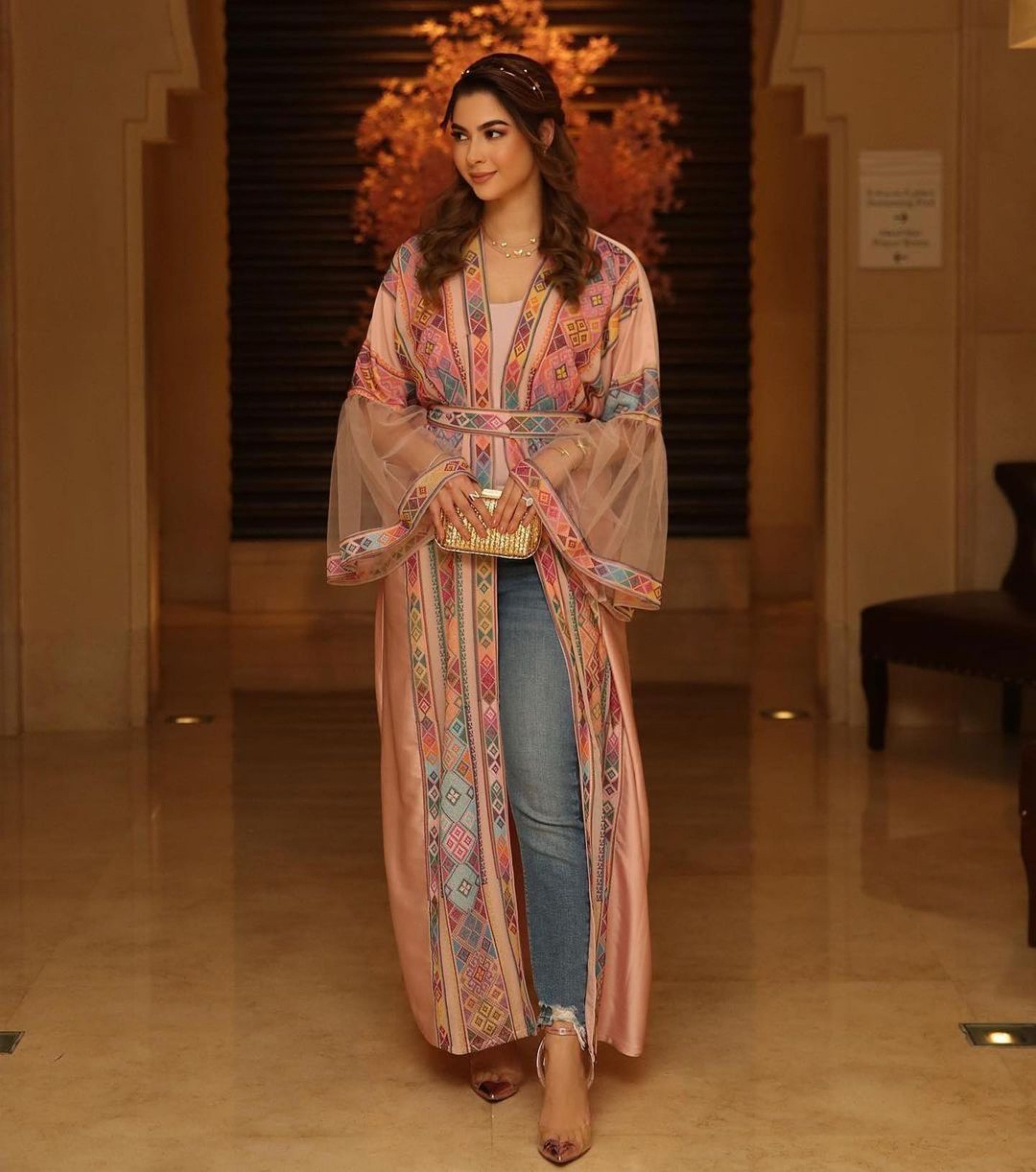 Pink Abaya with Palestinian Modern Tatreez