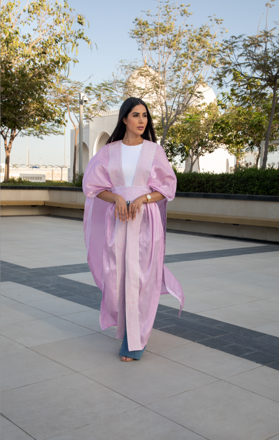 Light Pink Cape with Palestinian Tatreez & Arabic Letters Belt