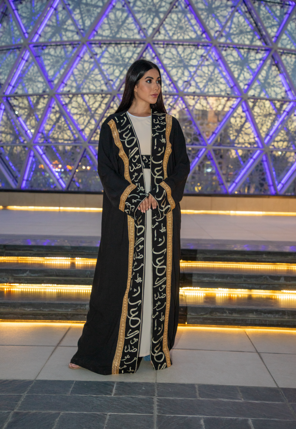 Black open Abaya with Arabic Tatreez Details