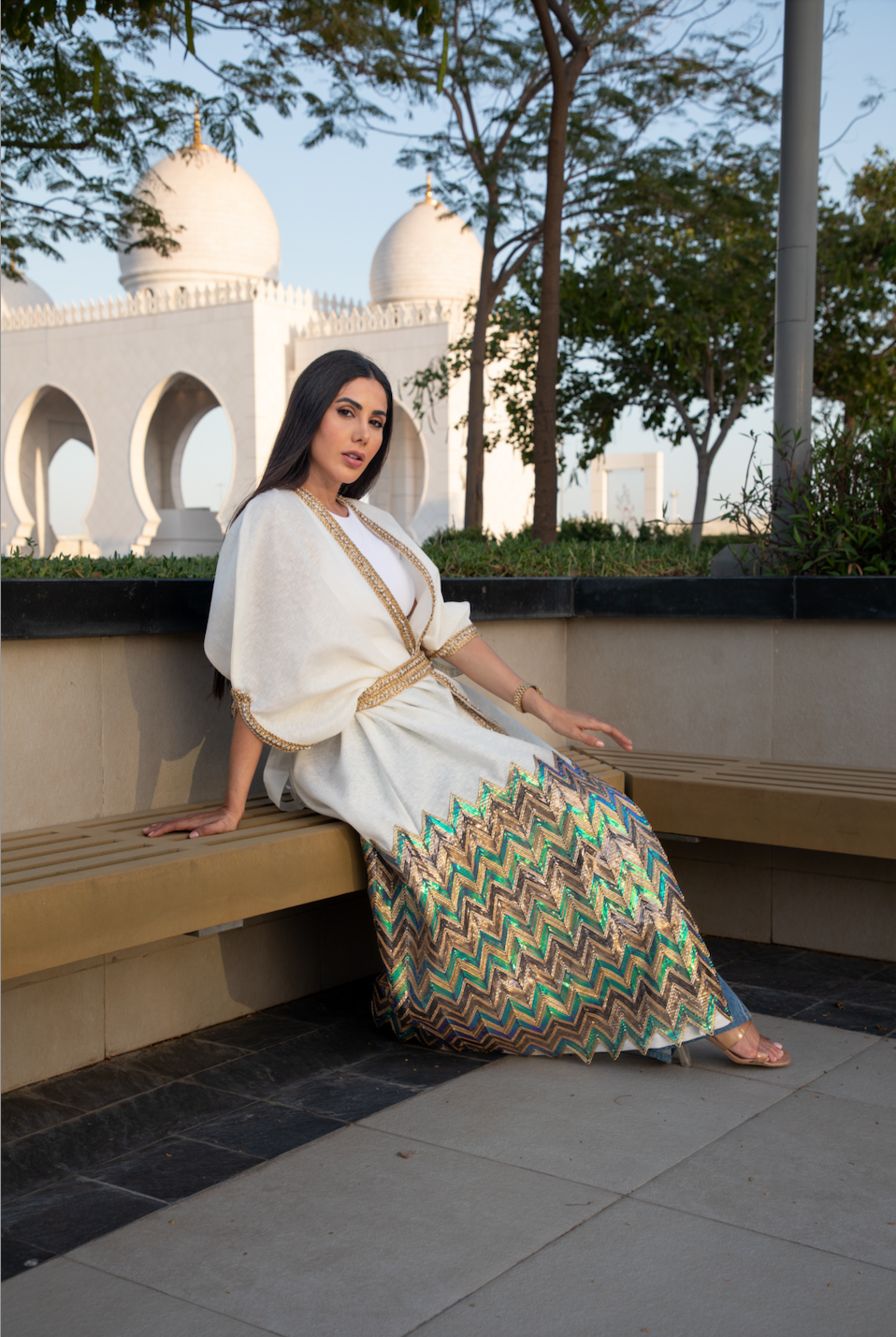 White Sequin Bisht with Embellished Hem