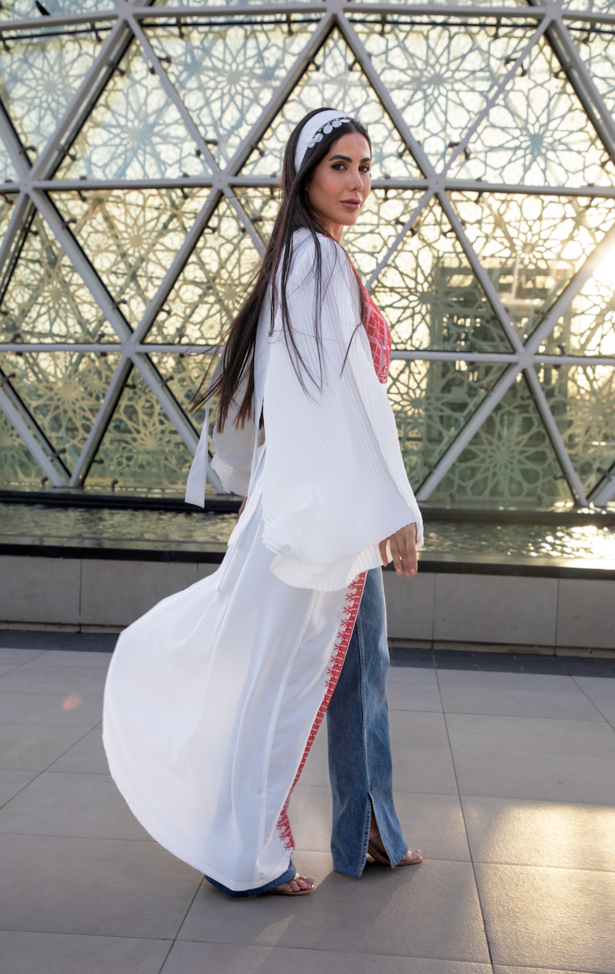 White Abaya with Red Palestinian Tatreez