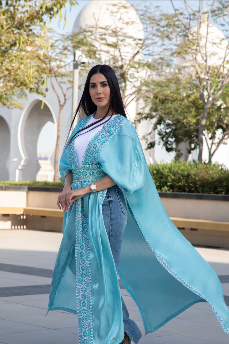 Turquoise Cape with Palestinian Tatreez