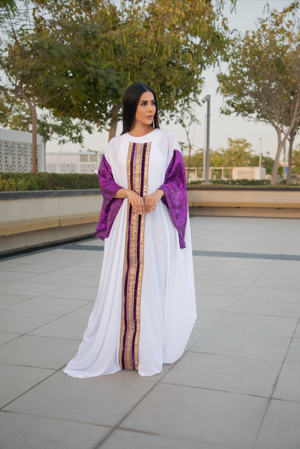 White Closed Kaftan with Purple Glittery Sleeves