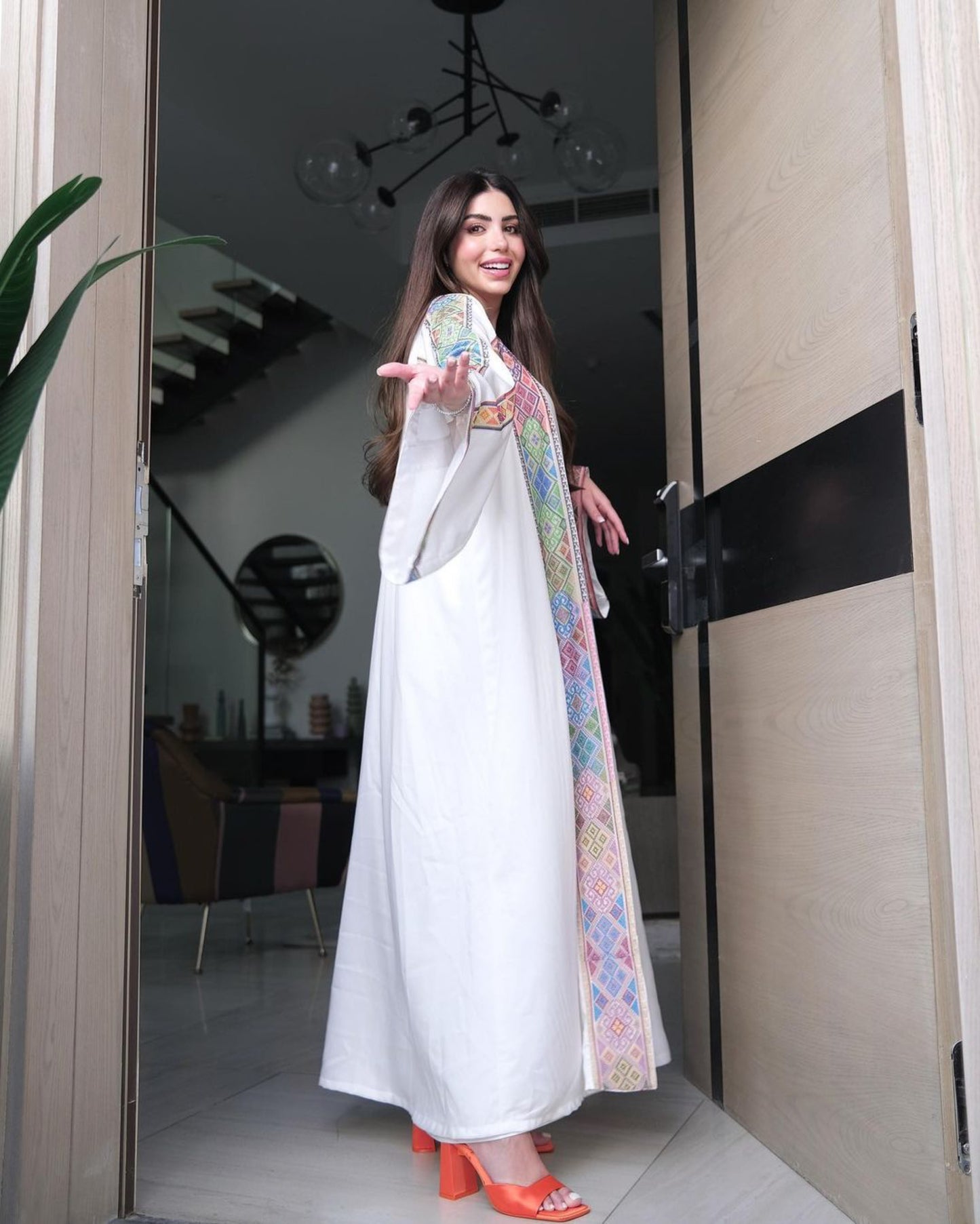 White Elegant Signature Abaya with Palestinian Colorful Tatreez