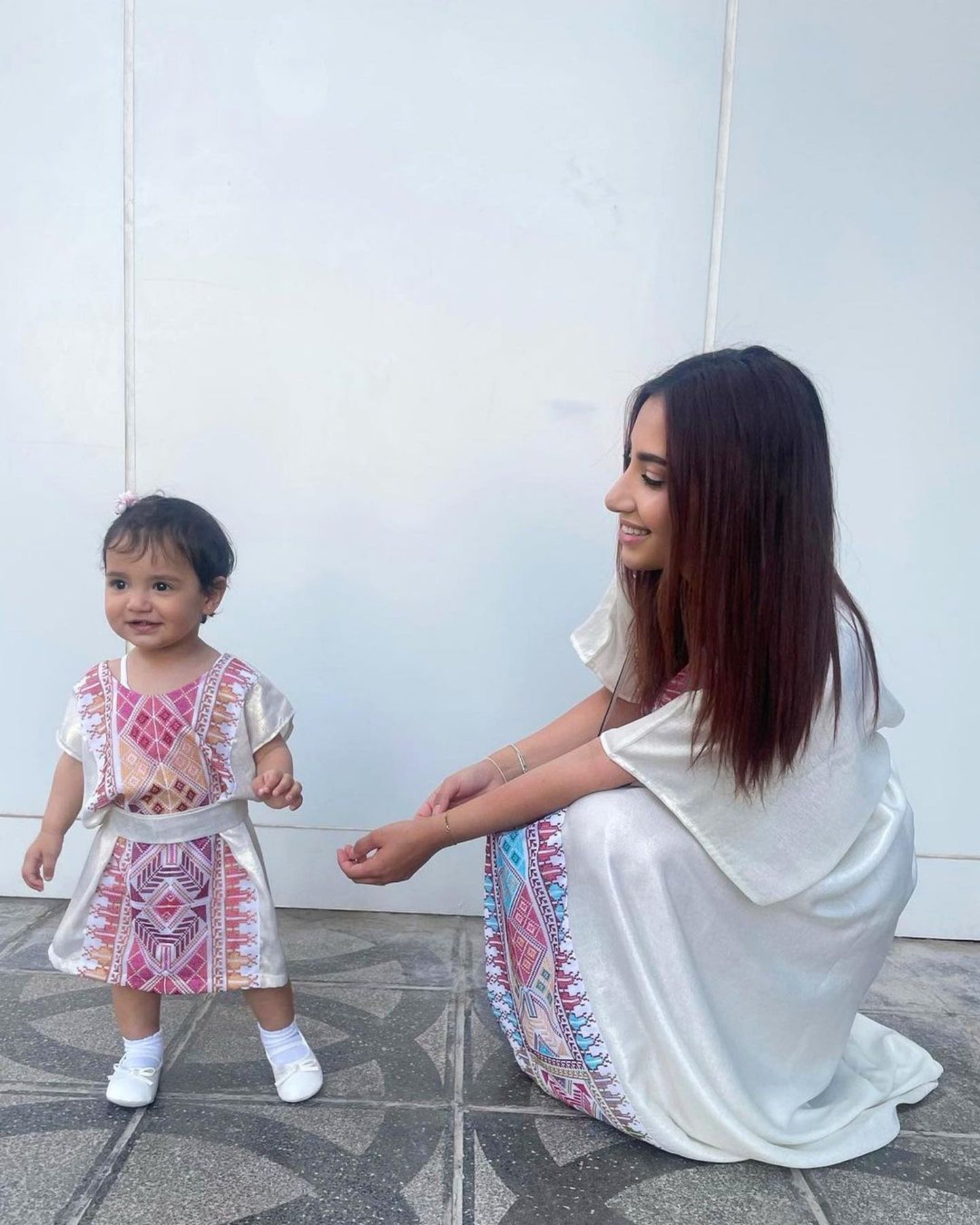 Kids Shimmery Off White Kaftan with Tatreez