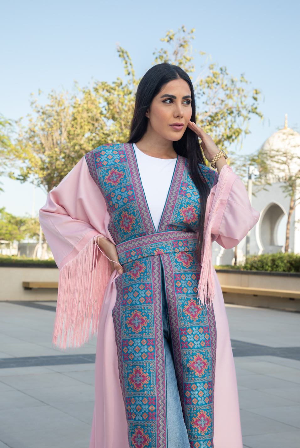 Fringe-Detailed Pink Tatreez Bisht