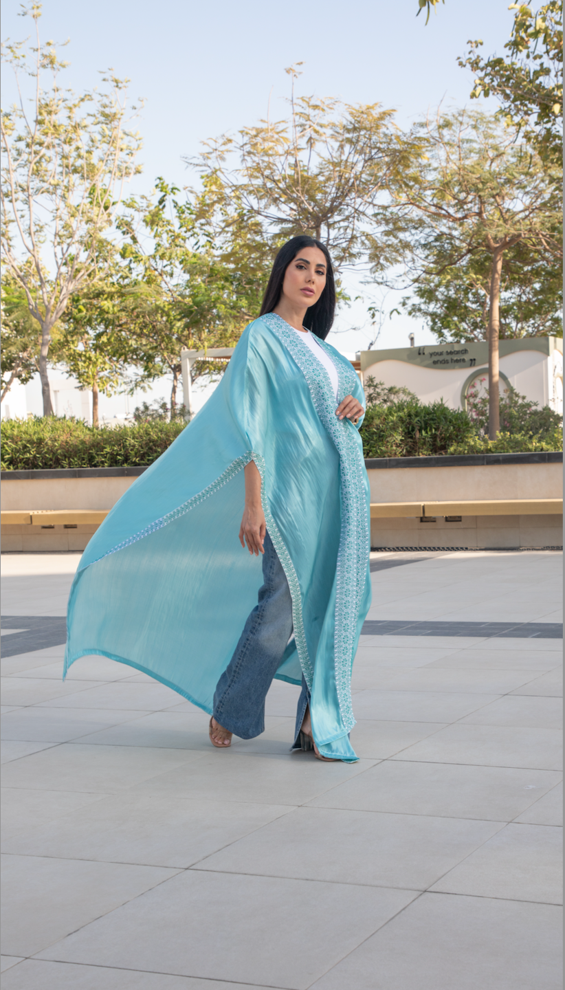 Turquoise Cape with Palestinian Tatreez