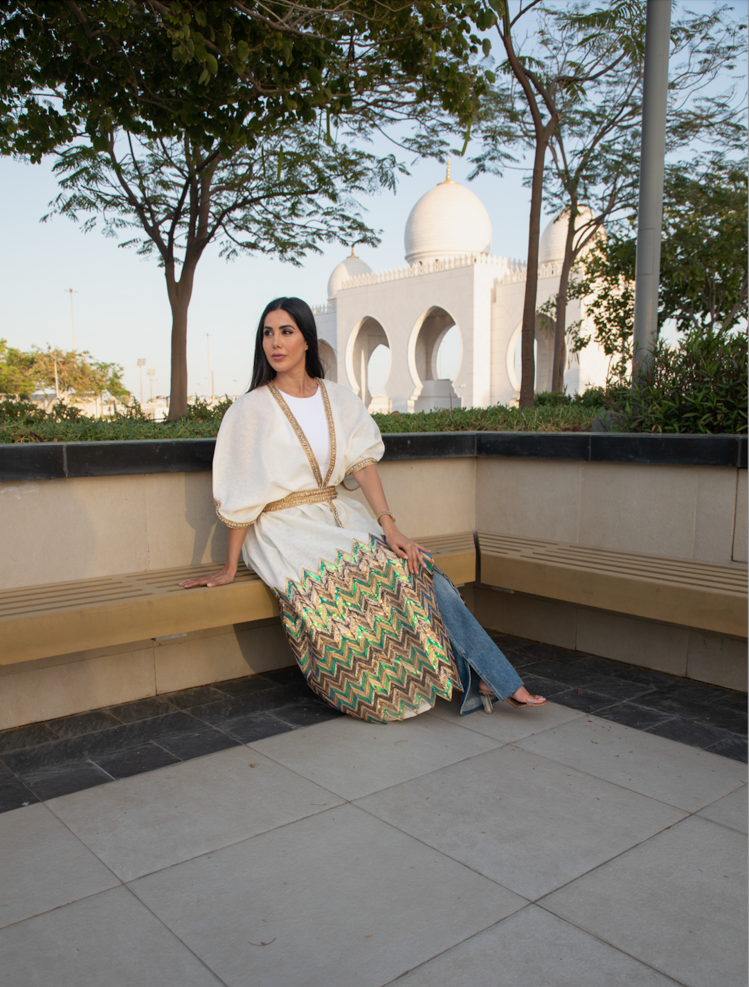 White Sequin Bisht with Embellished Hem