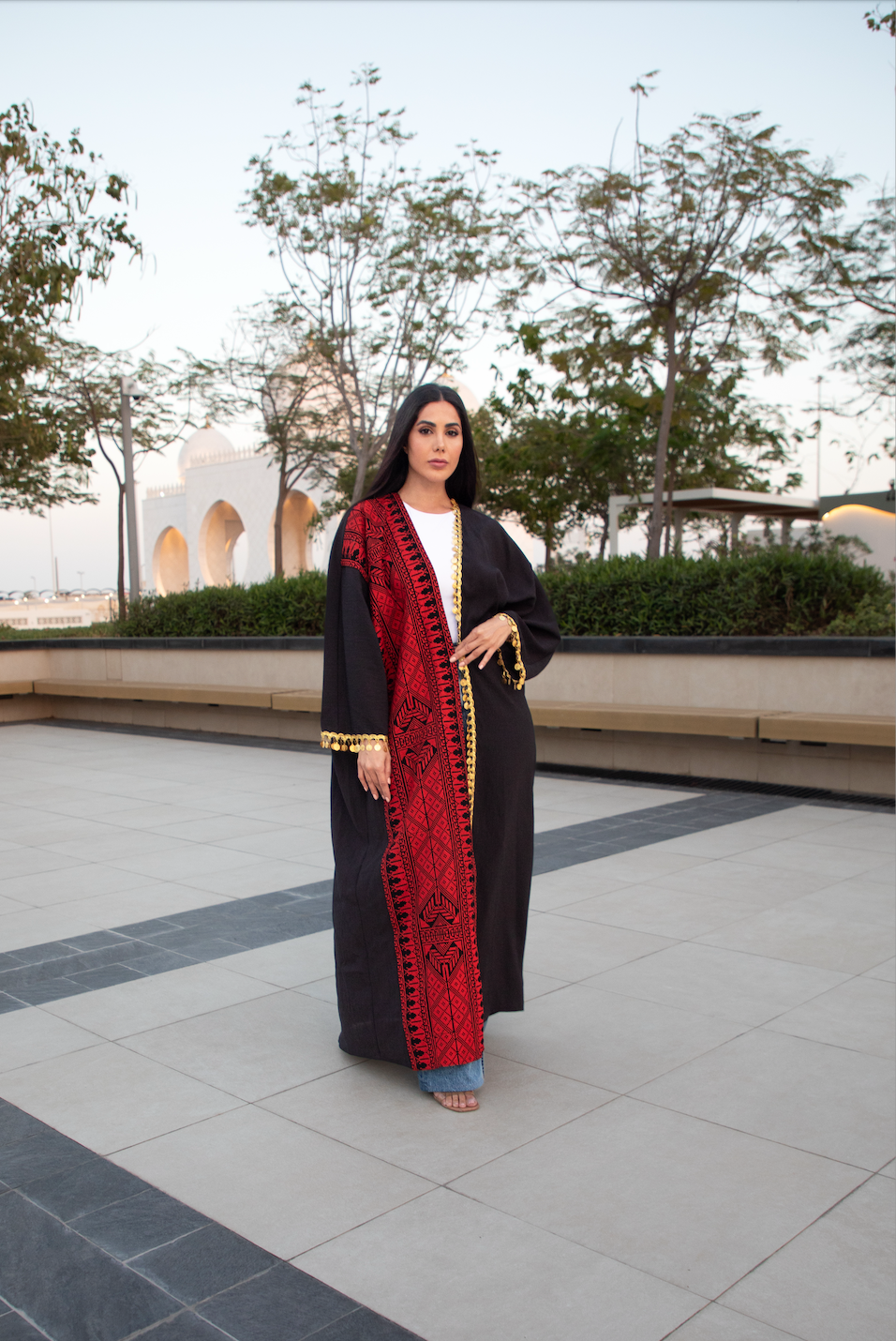 Adult Red & Black Abaya with Tatreez & Gold coins (Lerat)