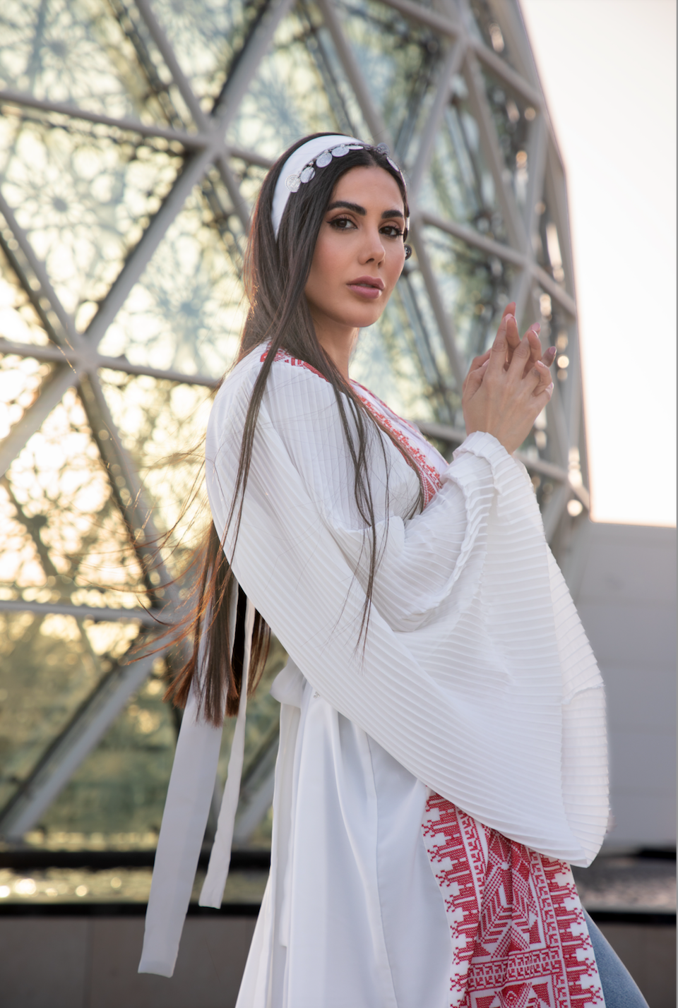 White Abaya with Red Palestinian Tatreez