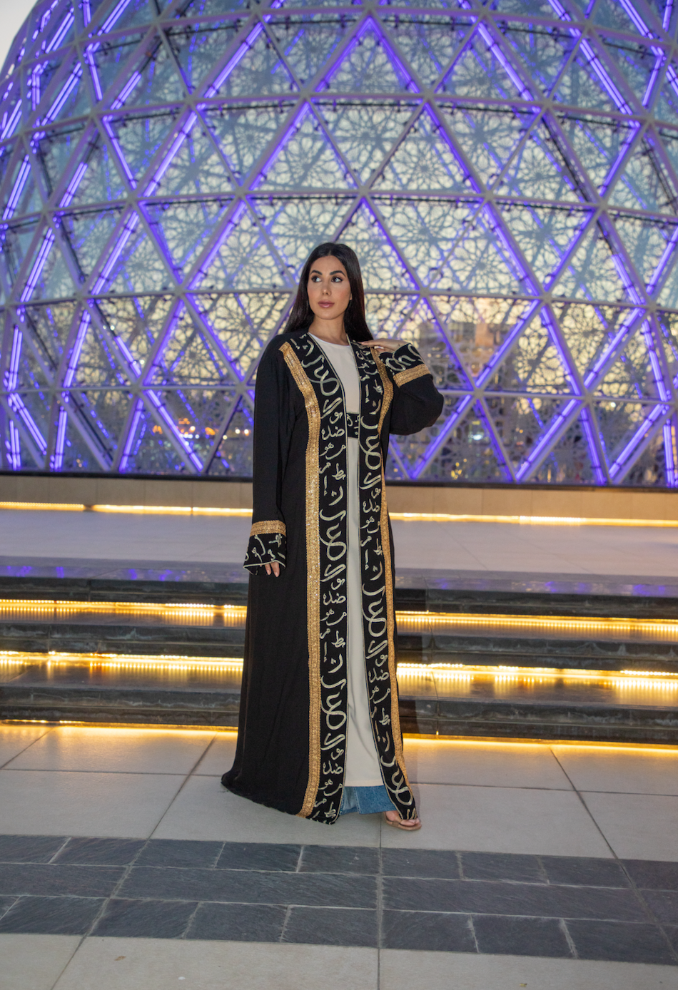 Black open Abaya with Arabic Tatreez Details