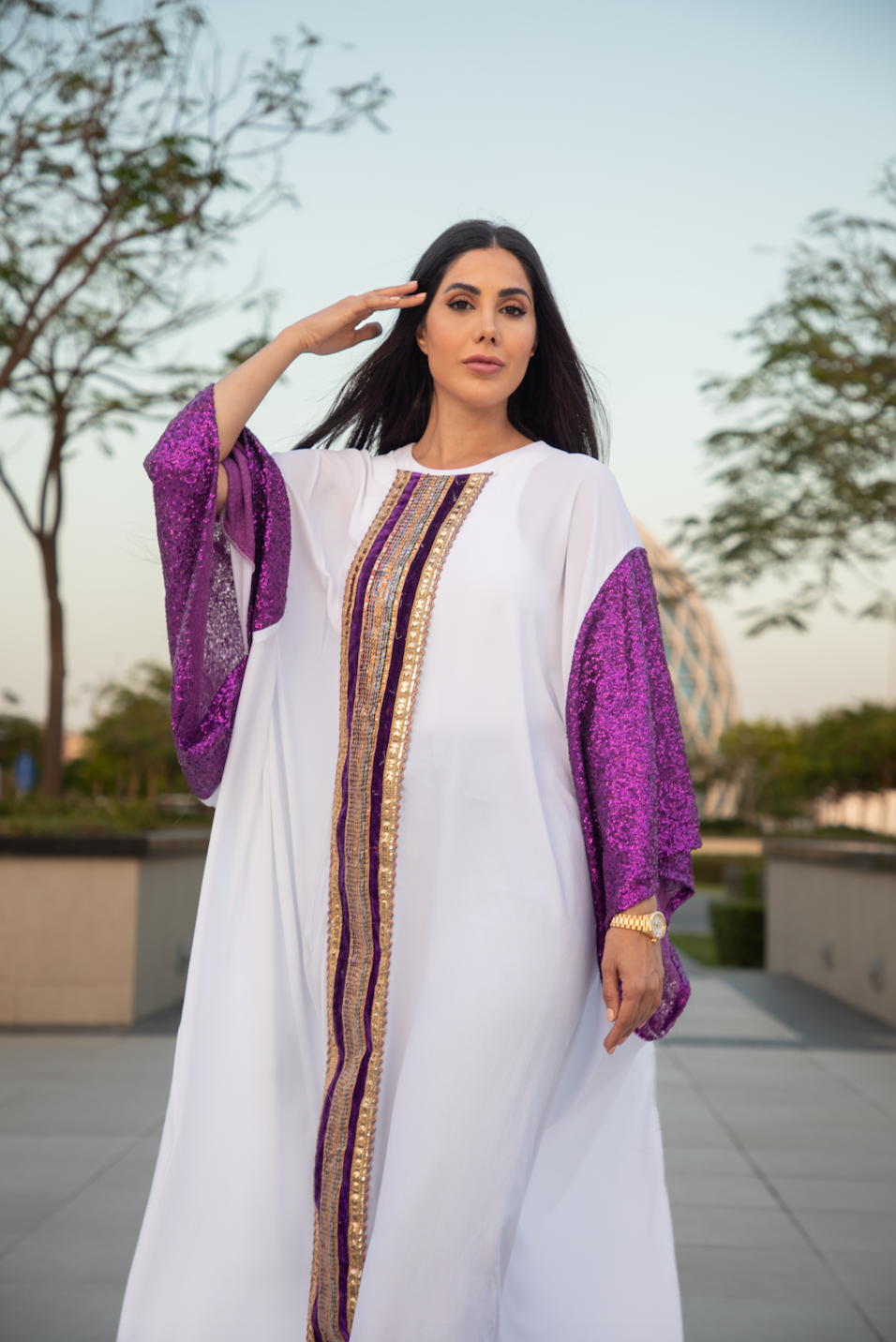 White Closed Kaftan with Purple Glittery Sleeves