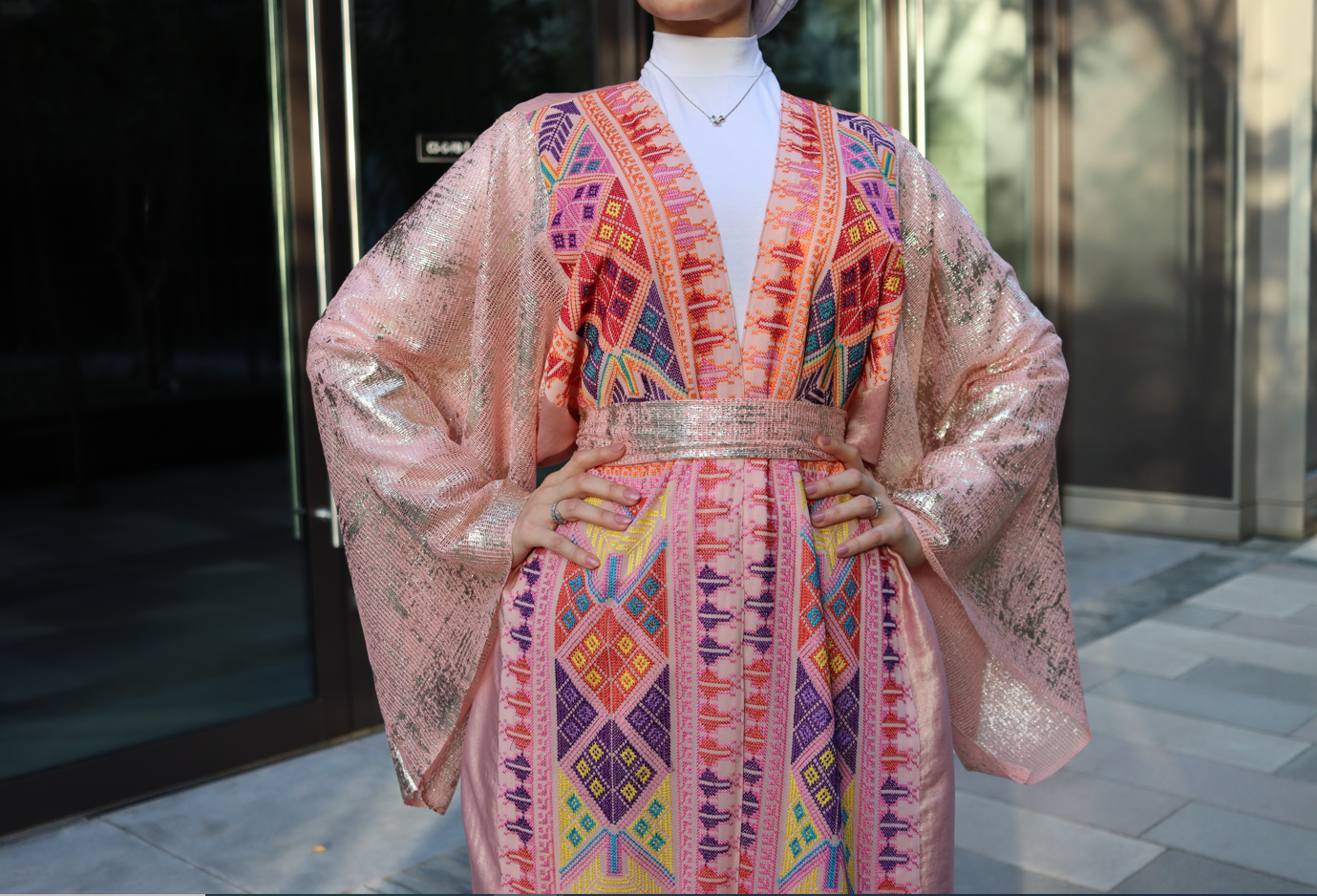 Glittery Pink Abaya with Tatreez