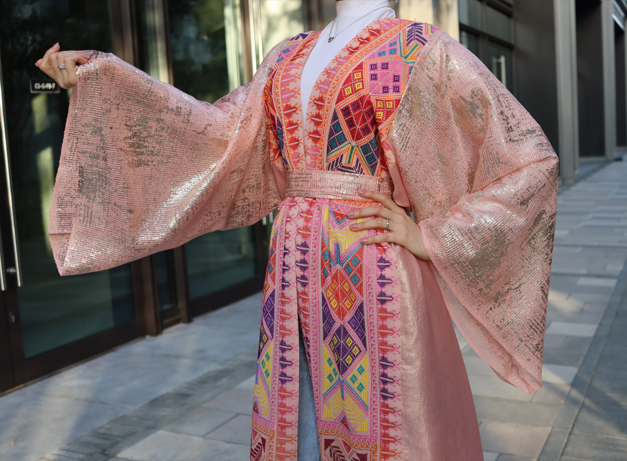Glittery Pink Abaya with Tatreez