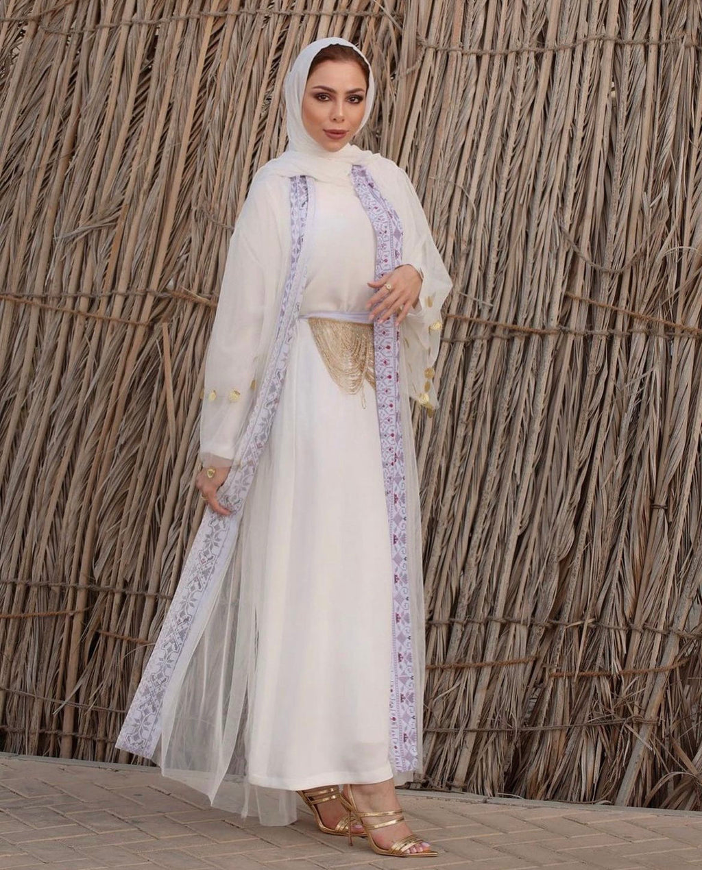 White Tulle Abaya with Tatreez and Sleeve Details
